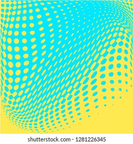 Polka dot pop art halftone pattern. Blue dots on yellow background. Modern bright festive vector illustration. Abstract curves. Points backdrop. Bright colors dotted spotted 