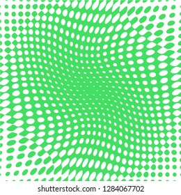 Polka dot pop art halftone pattern. Green dots on white background. Modern bright festive vector illustration. Abstract curves. Points backdrop. Bright colors dotted spotted 