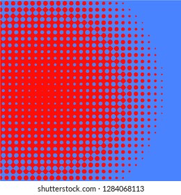 Polka dot pop art halftone pattern. Red dots on blue background. Modern bright festive vector illustration. Abstract curves. Points backdrop. Bright colors dotted spotted 