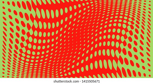 Polka dot pop art halftone pattern. Red dots on green background. Modern bright festive wide vector illustration. Abstract curves. Points backdrop. Bright colors dotted spotted 