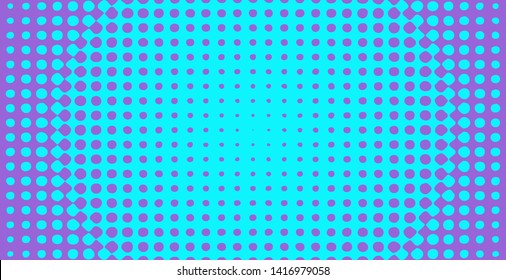 Polka dot pop art halftone pattern. Blue dots on purple background. Modern bright festive wide vector illustration. Abstract curves. Points backdrop. Bright colors dotted spotted 