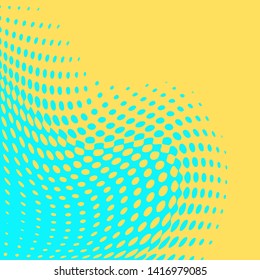 Polka dot pop art halftone pattern. Blue dots on yellow background. Modern bright festive vector illustration. Abstract curves. Points backdrop. Bright colors dotted spotted 