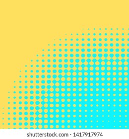 Polka dot pop art halftone pattern. Blue dots on yellow background. Modern bright festive vector illustration. Abstract curves. Points backdrop. Bright colors dotted spotted 