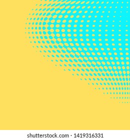 Polka dot pop art halftone pattern. Blue dots on yellow background. Modern bright festive vector illustration. Abstract curves. Points backdrop. Bright colors dotted spotted 