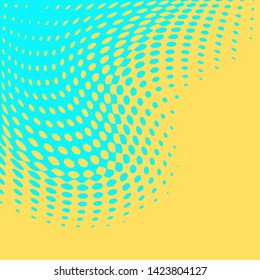Polka dot pop art halftone pattern. Blue dots on yellow background. Modern bright festive vector illustration. Abstract curves. Points backdrop. Bright colors dotted spotted 