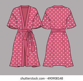 Polka Dot Print Robe. Sleeve Satin Kimono Robe. Silk Bathrobe For Women. Isolated Vector. Front And Back Views.