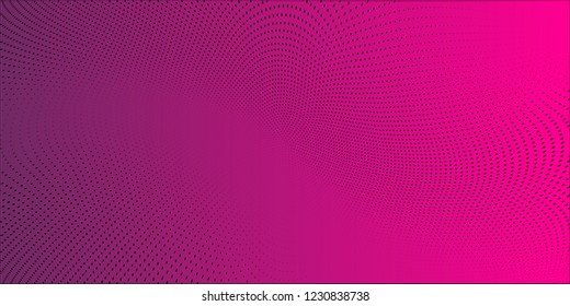 Polka dot purple gradient halftone pattern. Half tone background. Modern vector illustration. Black points backdrop. Bright colors dotted spotted panoramic pattern. Web banner template
