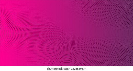 Polka dot purple pink gradient halftone pattern. Half tone background. Modern vector illustration. Black points backdrop. Bright colors dotted spotted panoramic pattern. Web banner template