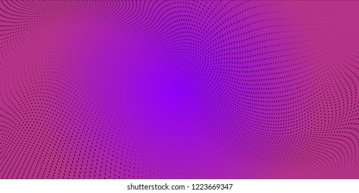 Polka dot purple violet gradient halftone pattern. Half tone background. Modern vector illustration. Black points backdrop. Bright colors dotted spotted panoramic pattern. Web banner template