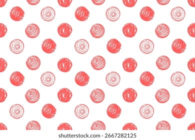 Polka Punkt schrullig nahtlose Muster von quietschend pastellfarbenen Kreisen in Pastellrot. Kinder Doodle Tapete für Kindergarten Tafel Themen, Wachs oder Holzkohle Stil Blumen Schlafzimmer Dekorationen. Vektorgrafik