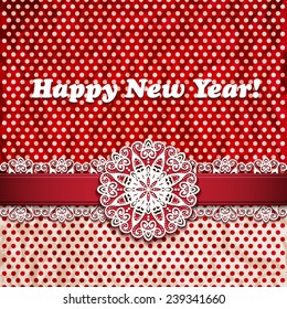 polka dot red background with a ribbon and lace - vector illustration for a New Year greeting card