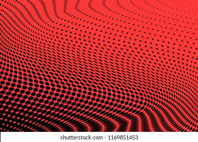 Polka dot red black halftone pattern. Gradient dots background. Modern vector illustration. Abstract curves. Points backdrop. Brigt colors dotted spotted pattern