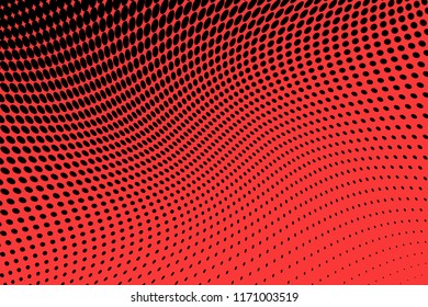 Polka dot red black halftone pattern. Gradient dots background. Modern vector illustration. Abstract curves. Points backdrop. Bright colors dotted spotted pattern