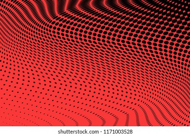 Polka dot red black halftone pattern. Gradient dots background. Modern vector illustration. Abstract curves. Points backdrop. Bright colors dotted spotted pattern