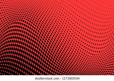 Polka dot red black halftone pattern. Gradient dots background. Modern vector illustration. Abstract curves. Points backdrop. Bright colors dotted spotted pattern