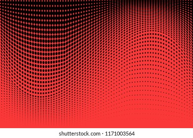 Polka dot red black halftone pattern. Gradient dots background. Modern vector illustration. Abstract curves. Points backdrop. Bright colors dotted spotted pattern