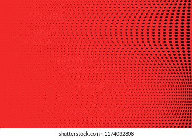 Polka dot red black halftone pattern. Gradient dots background. Modern vector illustration. Abstract curves. Points backdrop. Bright colors dotted spotted pattern