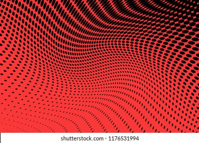 Polka dot red black halftone pattern. Gradient dots background. Modern vector illustration. Abstract curves. Points backdrop. Bright colors dotted spotted pattern