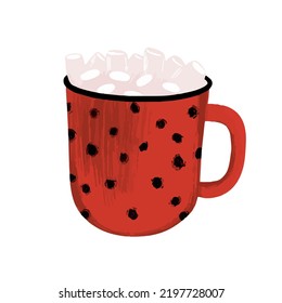 Polka dot red cup with cocoa with marshmallows  isolated on white background