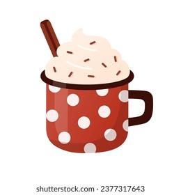 Polka dot red mug with hot dessert drink, coffee, cacao decorated with a stick of cinnamon. Flat cartoon style.