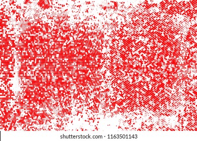 Polka dot red white grunge halftone pattern. Gradient dots background. Modern vector illustration. Pixel art. Points backdrop. Brigt colors grunge spotted pattern