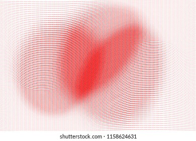 Polka dot red white halftone pattern. Gradient dots background. Modern vector illustration. Abstract curves. Points backdrop. Brigt colors dotted spotted pattern