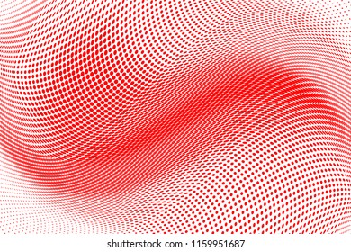 Polka dot red white halftone pattern. Gradient dots background. Modern vector illustration. Abstract curves. Points backdrop. Brigt colors dotted spotted pattern