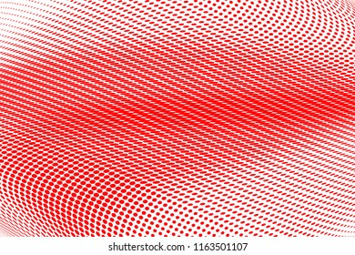 Polka dot red white halftone pattern. Gradient dots background. Modern vector illustration. Abstract curves. Points backdrop. Brigt colors dotted spotted pattern