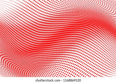 Polka dot red white halftone pattern. Gradient dots background. Modern vector illustration. Abstract curves. Points backdrop. Brigt colors dotted spotted pattern
