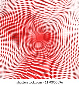 Polka dot red white halftone pattern. Gradient dots background. Modern pop art vector illustration. Abstract curves. Points backdrop. Brigt colors dotted spotted pattern