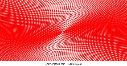 Polka dot red white halftone pattern. Gradient dots background. Modern vector illustration. Abstract curves. Grunge points backdrop. Bright colors dotted spotted pattern