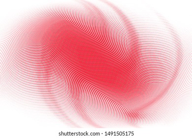 Polka dot red white halftone pattern. Gradient dots background. Modern vector illustration. Abstract curves, stains and splashes. Grunge points backdrop. Bright colors dotted spotted pattern