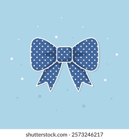 Polka dot ribbon bow with white outline on blue background. Cute and decorative vector illustration.