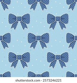 Polka dot ribbon bows with white outline on blue background. Vector seamless pattern.