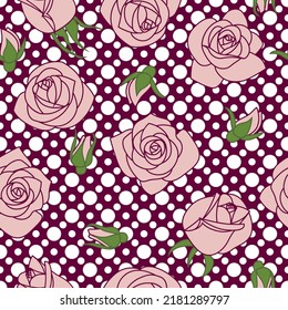 Polka Dot Roses. Nahtloser Hintergrund für Stoffe, Textilien, Verpackungen und Tapeten. Vektorgrafik