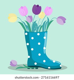 Bota de goma de lunares con tulipanes, bota con flores, tarjeta de primavera