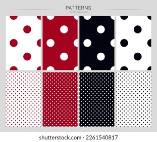 Polka dot seamless background set. White, red, dark blue small and big sized polka dot pattern collection. Vintage pattern for textile, wrapping, background, postcards, cover etc. Vector illustration