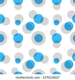 Polka dot seamless pattern background pattern. Vector trendy memphis background with round dotted elements and blue circles.