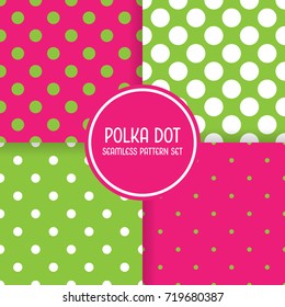 Polka dot seamless pattern background set. Pink and green vector illustration.