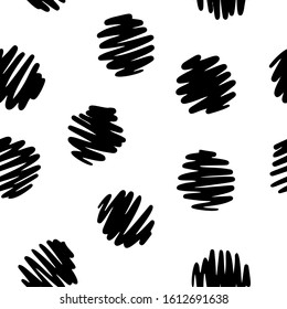 Polka dot seamless pattern. Black color decorative hand drawn circles isolated on white background. Simple graphic background.