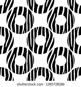 Polka dot seamless pattern. Circles with Zebra stripes. Patterned texture. Geometric background. Can be used for wallpaper, textile, invitation card, wrapping, web page background.