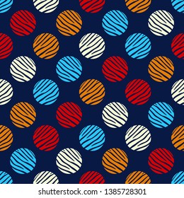 Polka dot seamless pattern. Circles with Zebra stripes. Patterned texture. Geometric background. Can be used for wallpaper, textile, invitation card, wrapping, web page background.
