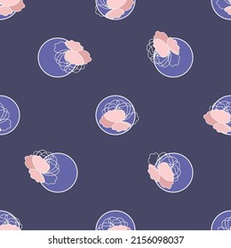Polka dot seamless pattern with dusty rose peony flowers from white outlines on a very peri background. Dotted print with garden plants. Vector contour graphics in floral style for textile, fabric
