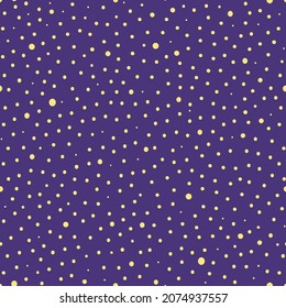 Patrón sin costuras de puntos Polka. Para textiles de moda, productos de papel. Afiche en morado y amarillo. Vector.
