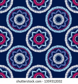 Polka dot seamless pattern. Flowers. Mosaic of ethnic figures. Geometric background. Can be used for wallpaper, textile, invitation card, wrapping, web page background.