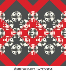 Polka dot seamless pattern. Gray-white-red mosaic of circles with different parts. Geometric background. Can be used for wallpaper, textile, invitation card, web page background.