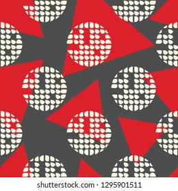 Polka dot seamless pattern. Gray-white-red mosaic of circles with different parts. Geometric background. Can be used for wallpaper, textile, invitation card, web page background.