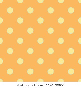 Polka dot seamless pattern with grunge shapes. Fashion circles in yellow color on orange background. Usable as print for textile, cover, wrapping paper etc.
