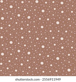 Polka dot seamless pattern of hand drawn asymmetric dots. Aesthetic surface design of monochromatic dots. Geometric texture on coffee brown background.