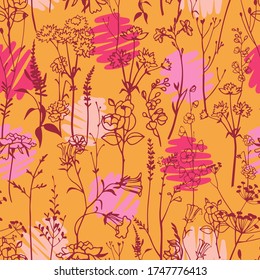 Patrón sin soldadura de puntos Polka mezclado con elementos botánicos. Círculos decorativos dibujados a mano sobre hierbas, plantas y texturas florales de prados en crecimiento vertical. Dibujo de línea,